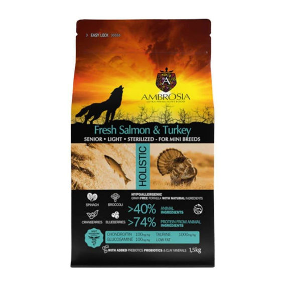 Εικόνα της Ambrosia Grain Free Adult Mini Senior Light Sterilised Fresh Salmon & Turkey 1,5kg