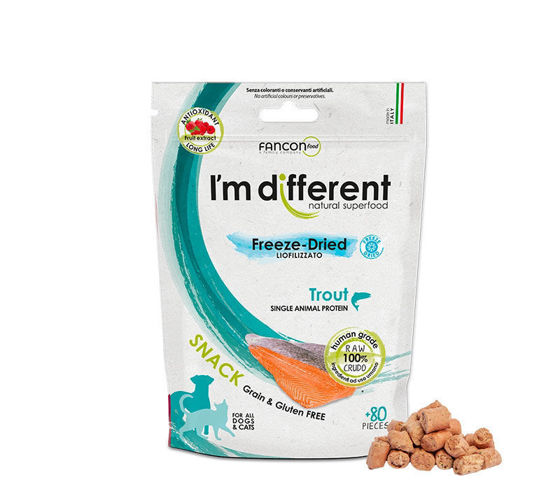Εικόνα της I`m Different Λιχουδιά Freeze-Dried Για Σκύλους και Γάτες με Πέστροφα 80pcs
