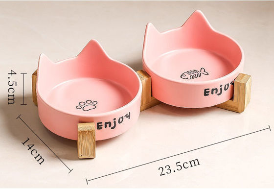 Εικόνα της Denik Κεραμικό Διπλό Μπολ Γάτας Με Ξύλινη Βάση Ροζ (2x250ml)