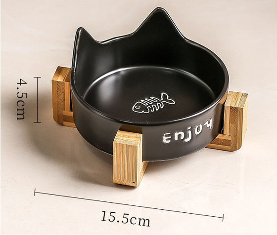 Εικόνα της Denik Κεραμικό Μπολ Γάτας Με Ξύλινη Βάση Μαύρο 15,5cm