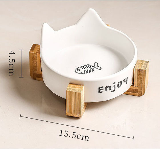 Εικόνα της Denik Κεραμικό Μπολ Γάτας Με Ξύλινη Βάση Άσπρο 15,5cm (200ml)