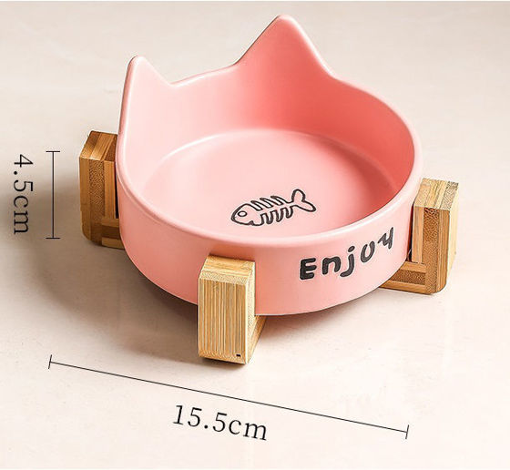 Εικόνα της Denik Κεραμικό Μπολ Γάτας Με Ξύλινη Βάση Ροζ 15,5cm